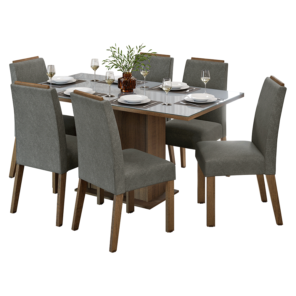 Juego de Comedor Tapa de Vidrio 6 Sillas Marrón/Gris/Silver Dália Madesa