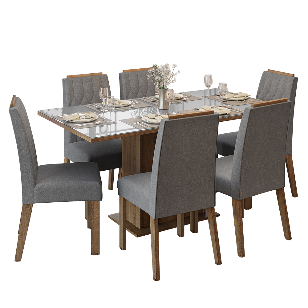 Juego de Comedor Tapa de Vidrio 6 Sillas Marrón/Gris/Silver Azaleia Madesa