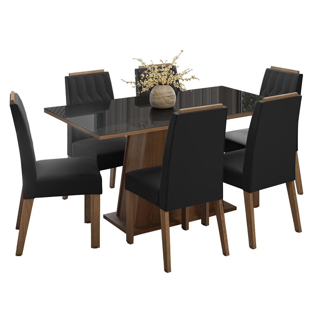 Juego de Comedor Tapa de Vidrio 6 Sillas Marrón/Negro/Oxford Peônia Madesa
