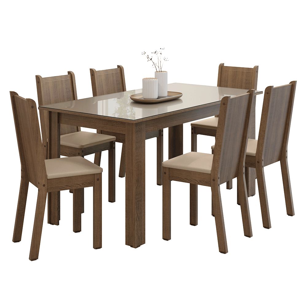 Juego de Comedor Mesa Tapa de Vidrio 6 Sillas Marrón/Crema/Sintético Beige Madesa