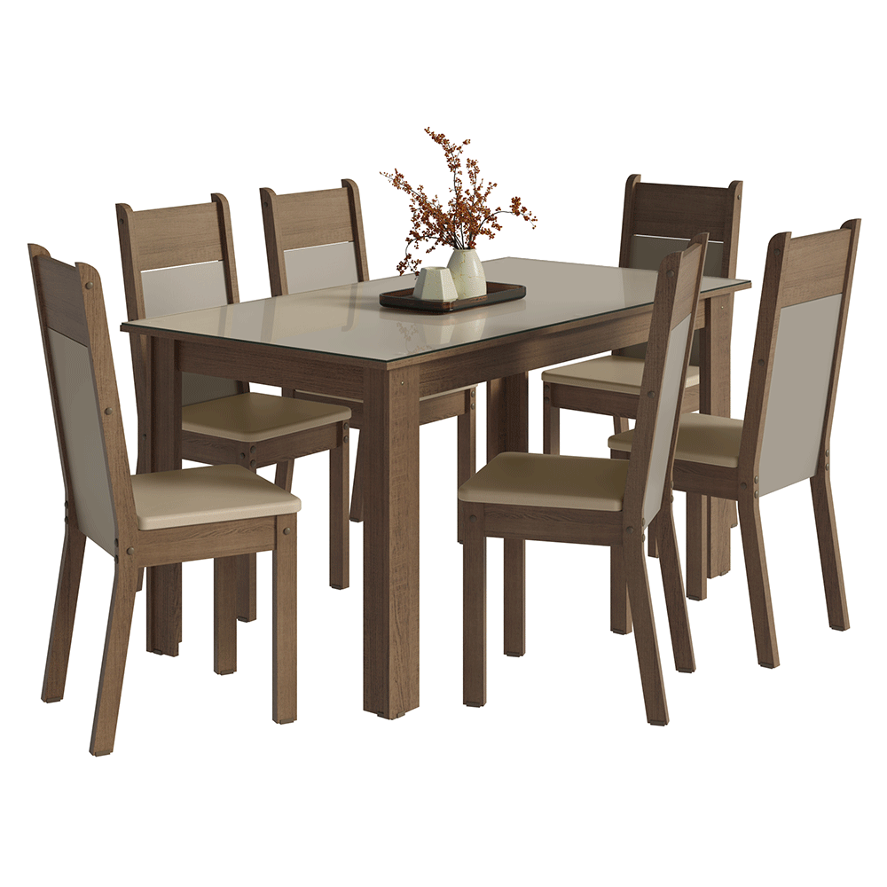 Juego de Comedor Mesa Tapa de Vidrio 6 Sillas Marrón/Crema/Sintético Beige Madesa