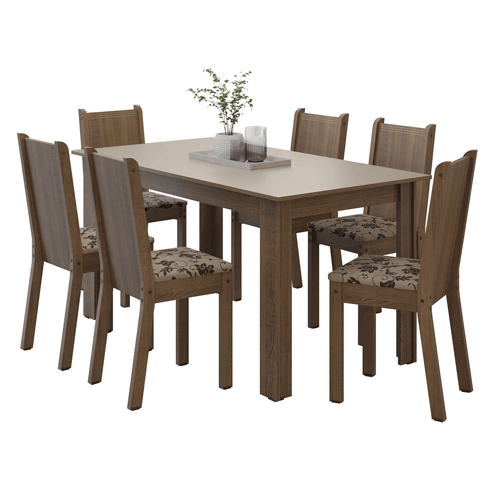 Juego de Comedor Mesa con Tapa de Madera 6 Sillas Marrón/Crema/Tapizado Beige Marrón Madesa