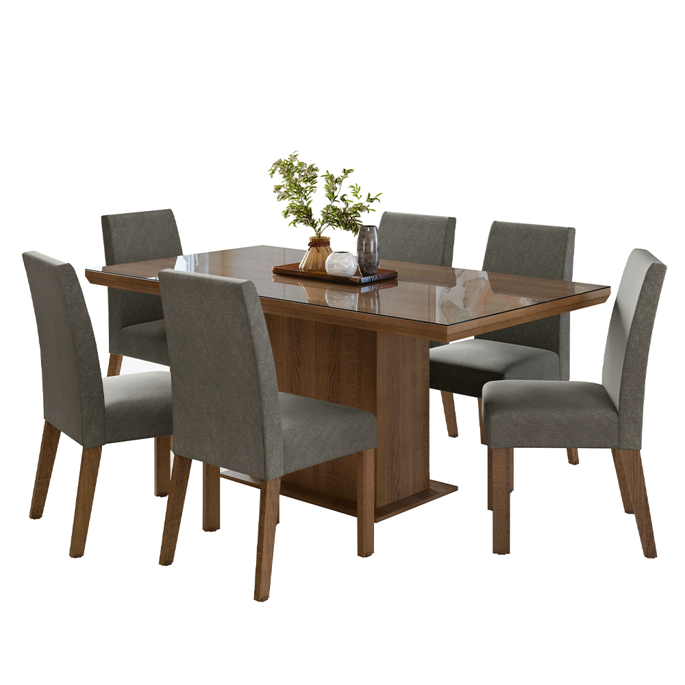 Juego de Comedor Tapa con Vidrio 6 Sillas Marrón/Silver Alba Madesa