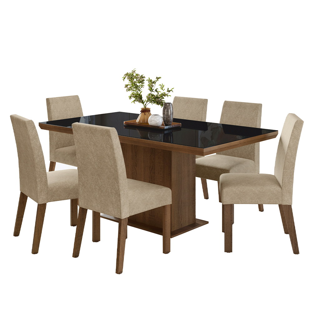 Juego de Comedor Tapa con Vidrio 6 Sillas Marrón/Negro/Imperial Alba Madesa