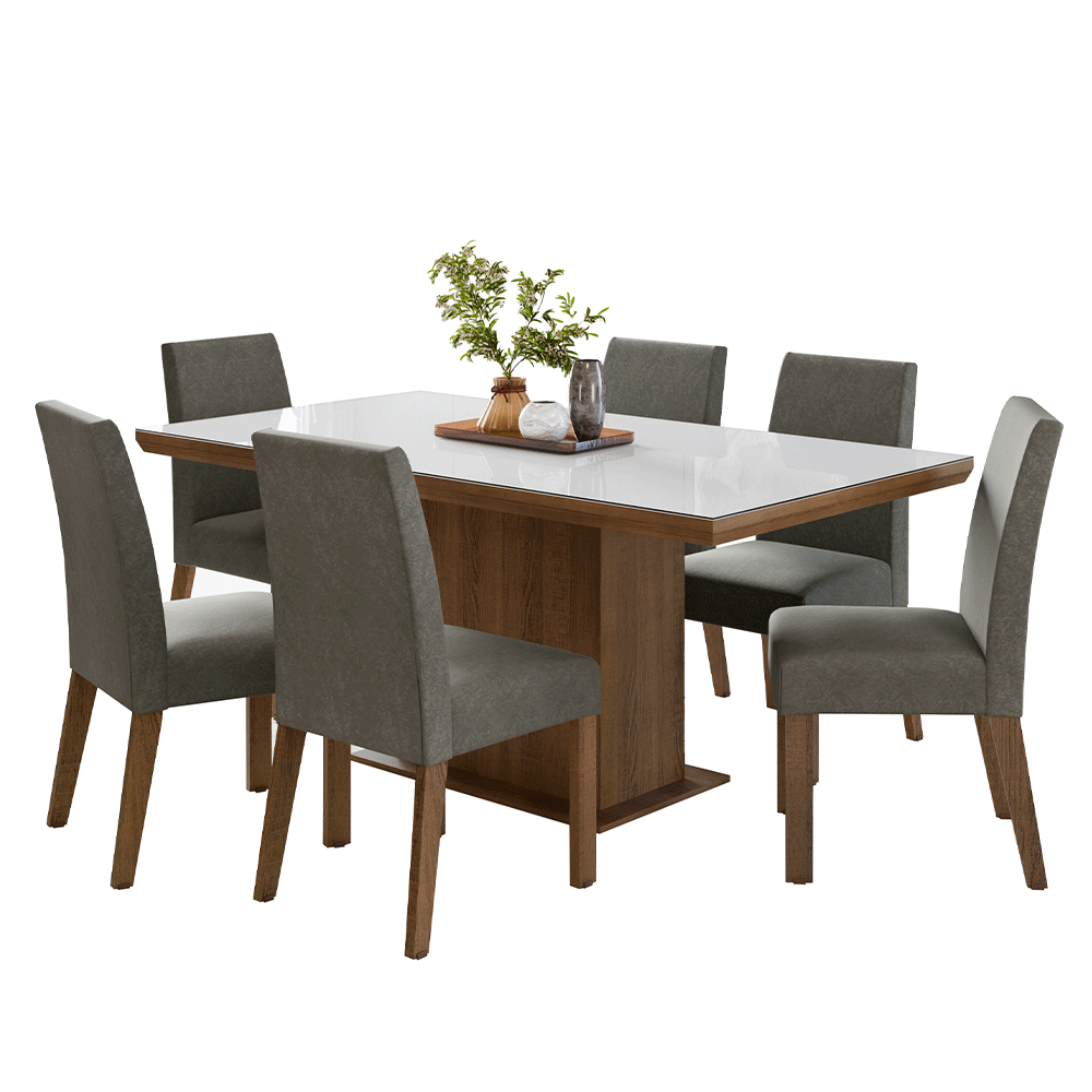 Juego de Comedor Tapa con Vidrio 6 Sillas Marrón/Blanco/Silver Alba Madesa