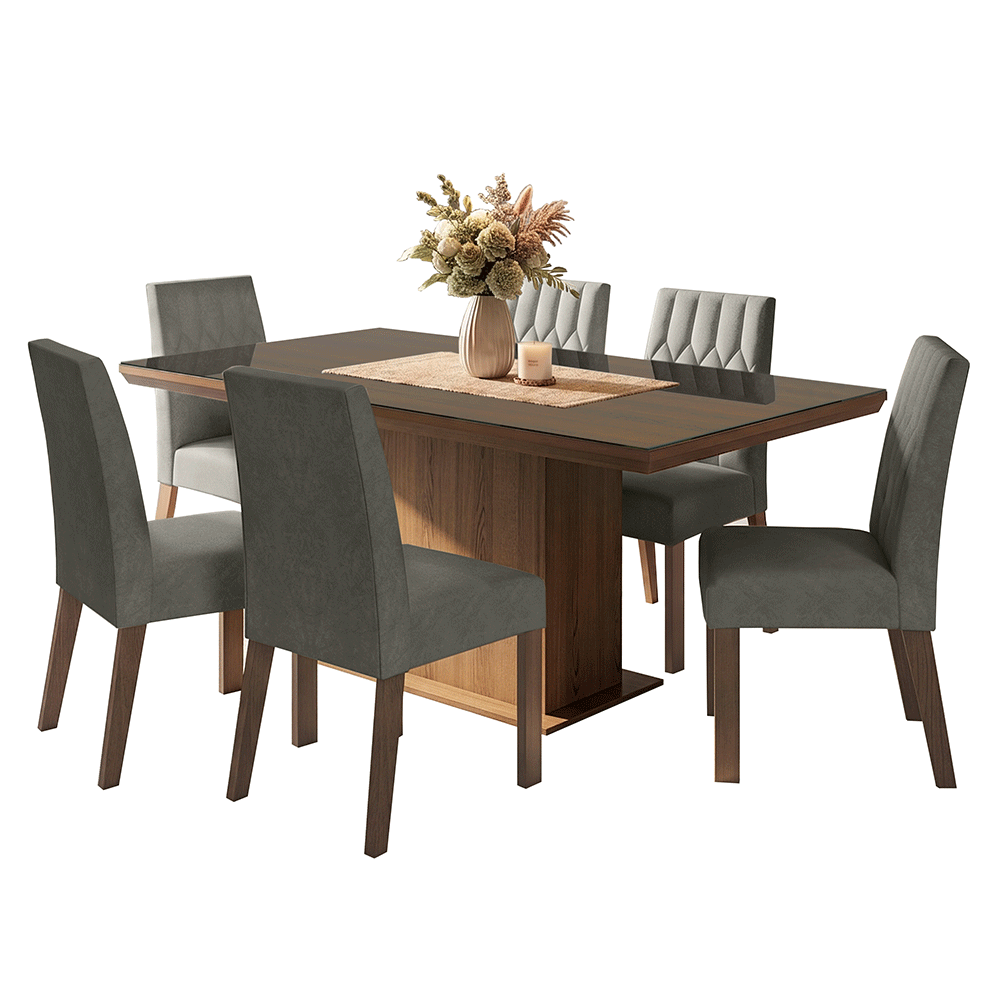 Juego de Comedor Tapa con Vidrio 6 Sillas Marrón/Silver Dinan Madesa