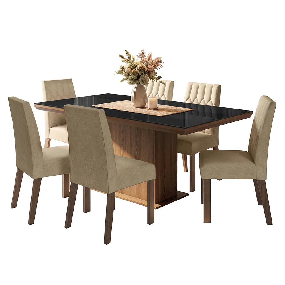 Juego de Comedor Tapa con Vidrio 6 Sillas Marrón/Negro/Imperial Dinan Madesa