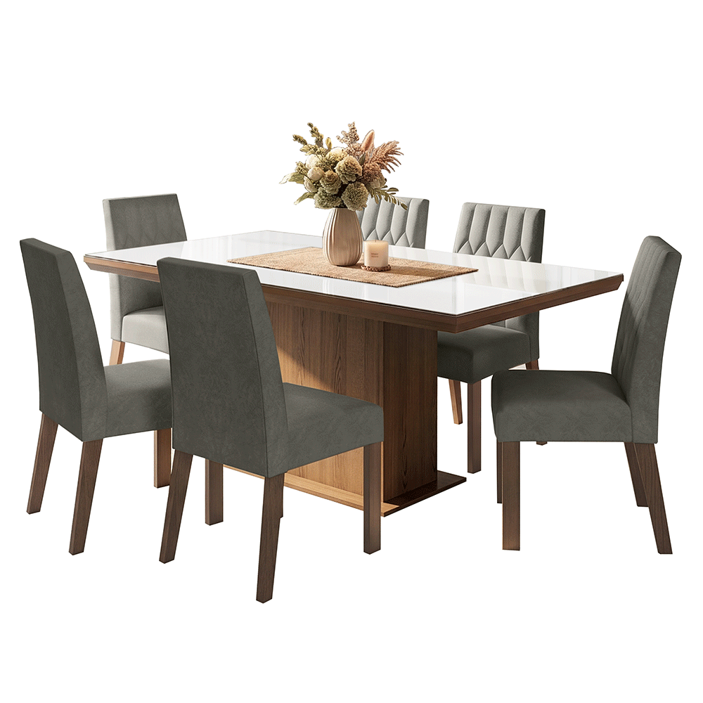 Juego de Comedor Tapa con Vidrio 6 Sillas Marrón/Blanco/Silver Dinan Madesa