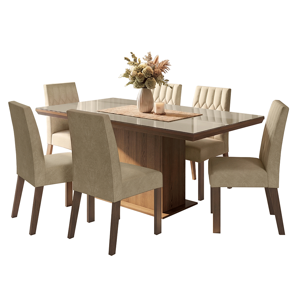 Juego de Comedor Tapa con Vidrio 6 Sillas Marrón/Crema/Imperial Dinan Madesa