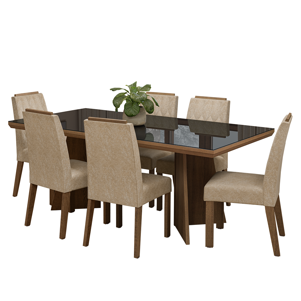 Juego de Comedor Tapa con Vidrio 6 Sillas Marrón/Negro/Imperial Pienza Madesa