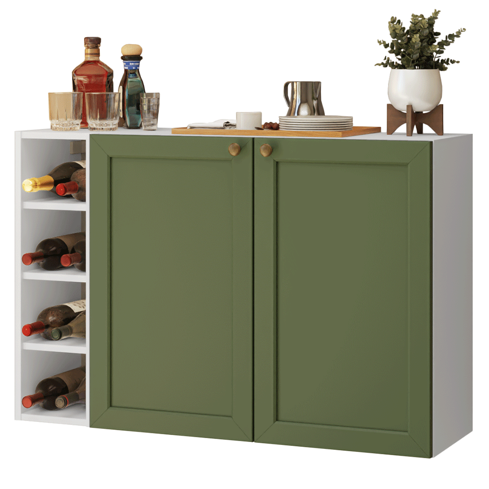 Aparador Vajillero con Bodega para botellas 100cm 2 Puertas Blanco/Verde Vik 16