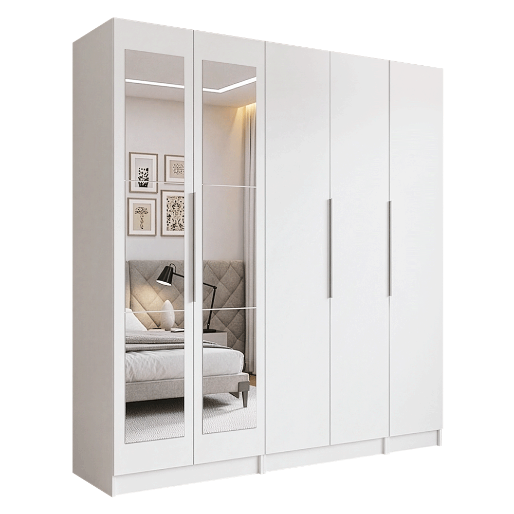 Placard Modular 200 cm 5 Puertas con Espejos 2 Cajones Blanco Neo Madesa 02