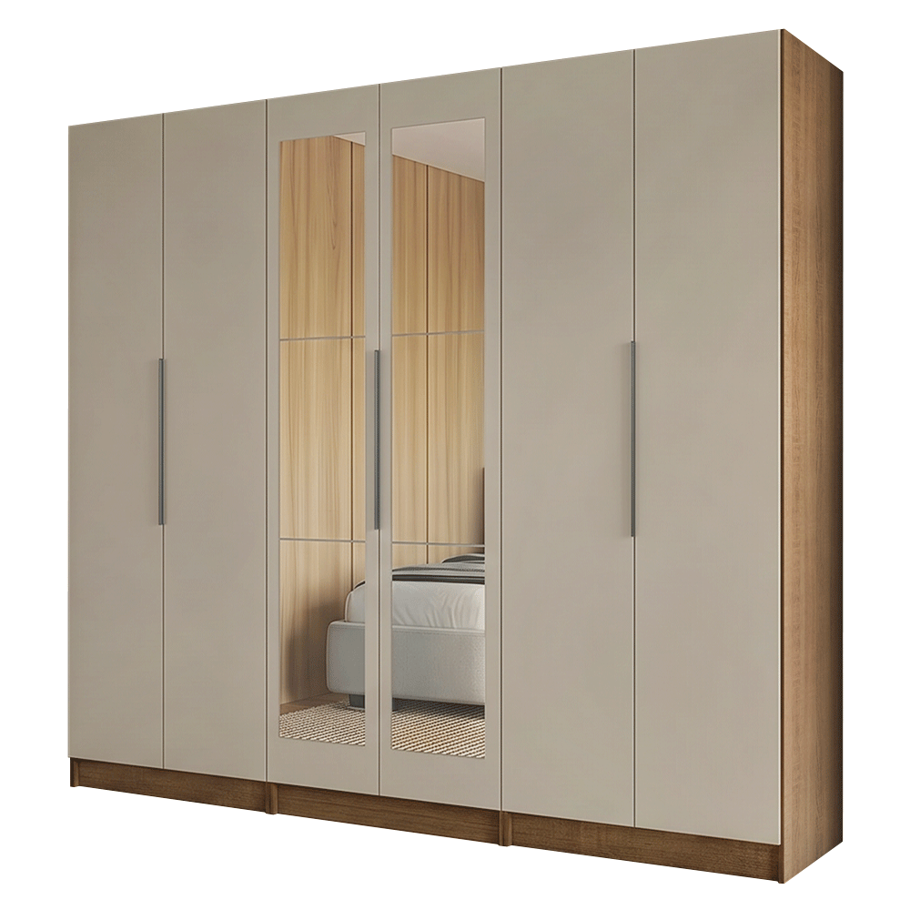 Placard Modular 240 cm 6 Puertas con Espejos 6 Cajones Marrón/Crema Neo Madesa 04