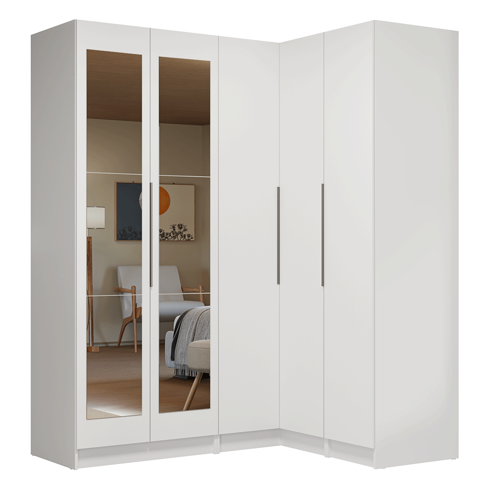 Placard Modular de Esquinero 310 cm 5 Puertas con Espejos 2 Cajones Blanco Neo Madesa 03