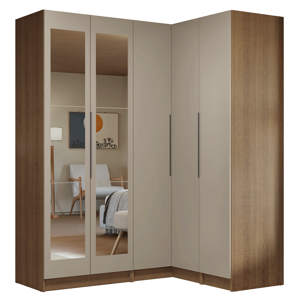 Dormitorio Completo Matrimonial Esquinero 310 cm 5 Puertas con Espejos 2 Cajones Marrón/Crema Neo Madesa 03