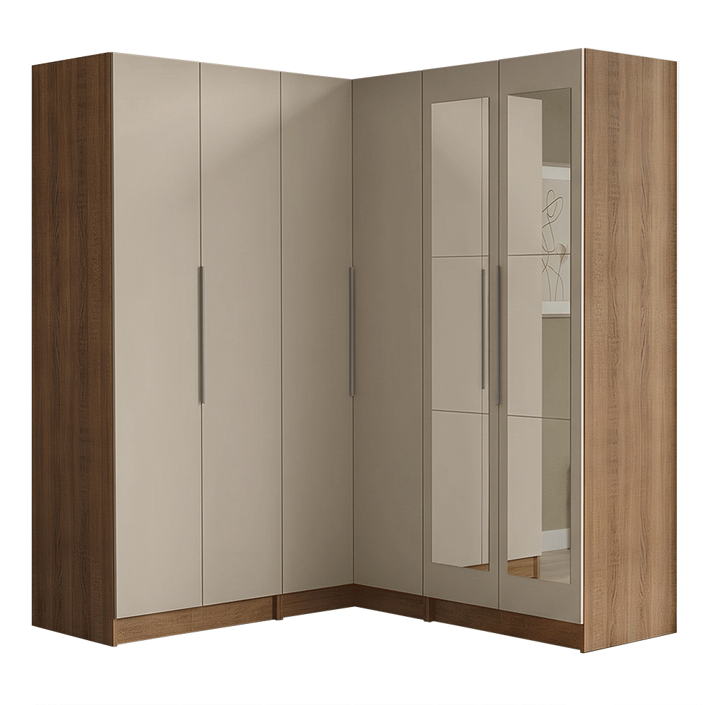 Placard Modular Esquinero 350 cm 6 Puertas con Espejos 4 Cajones Marrón/Crema Neo Madesa 02