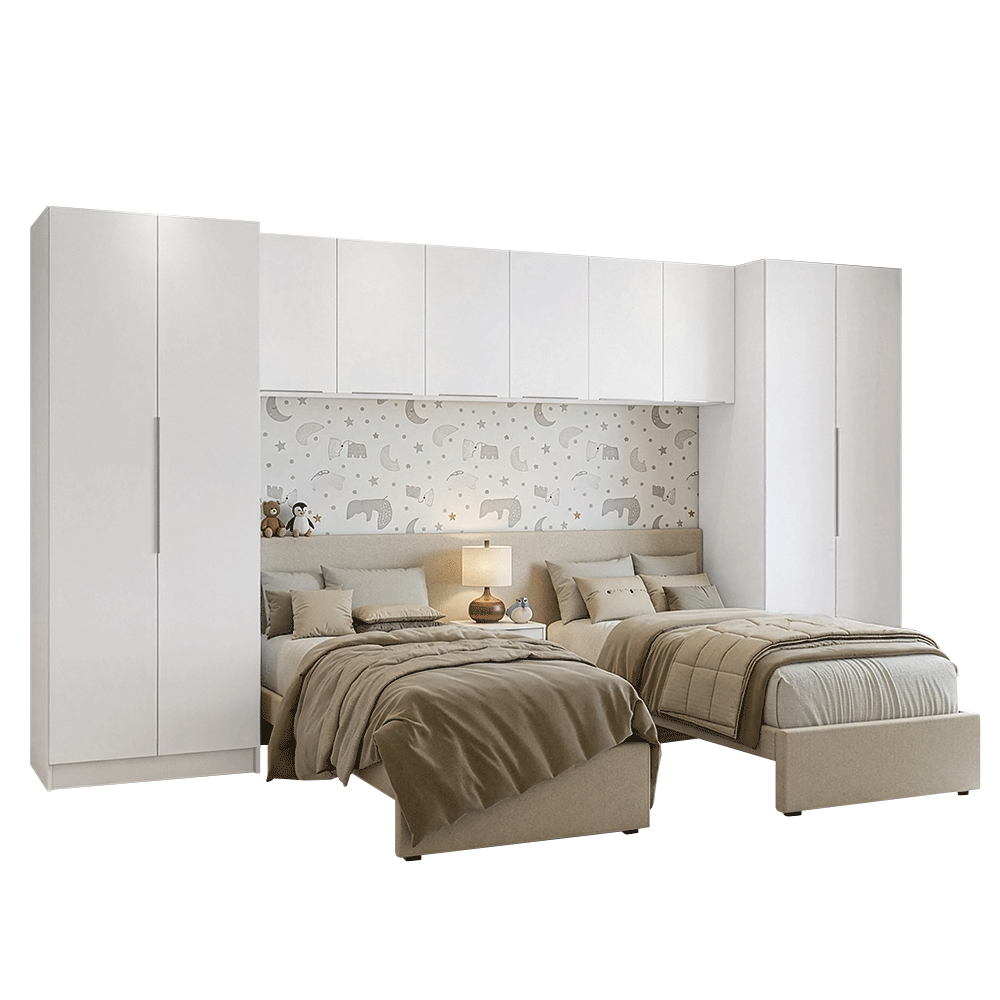 Dormitorio Infantil Madesa Neo Blanco con 2 Placards, 3 Alacenas y 1 Mesa de Luz