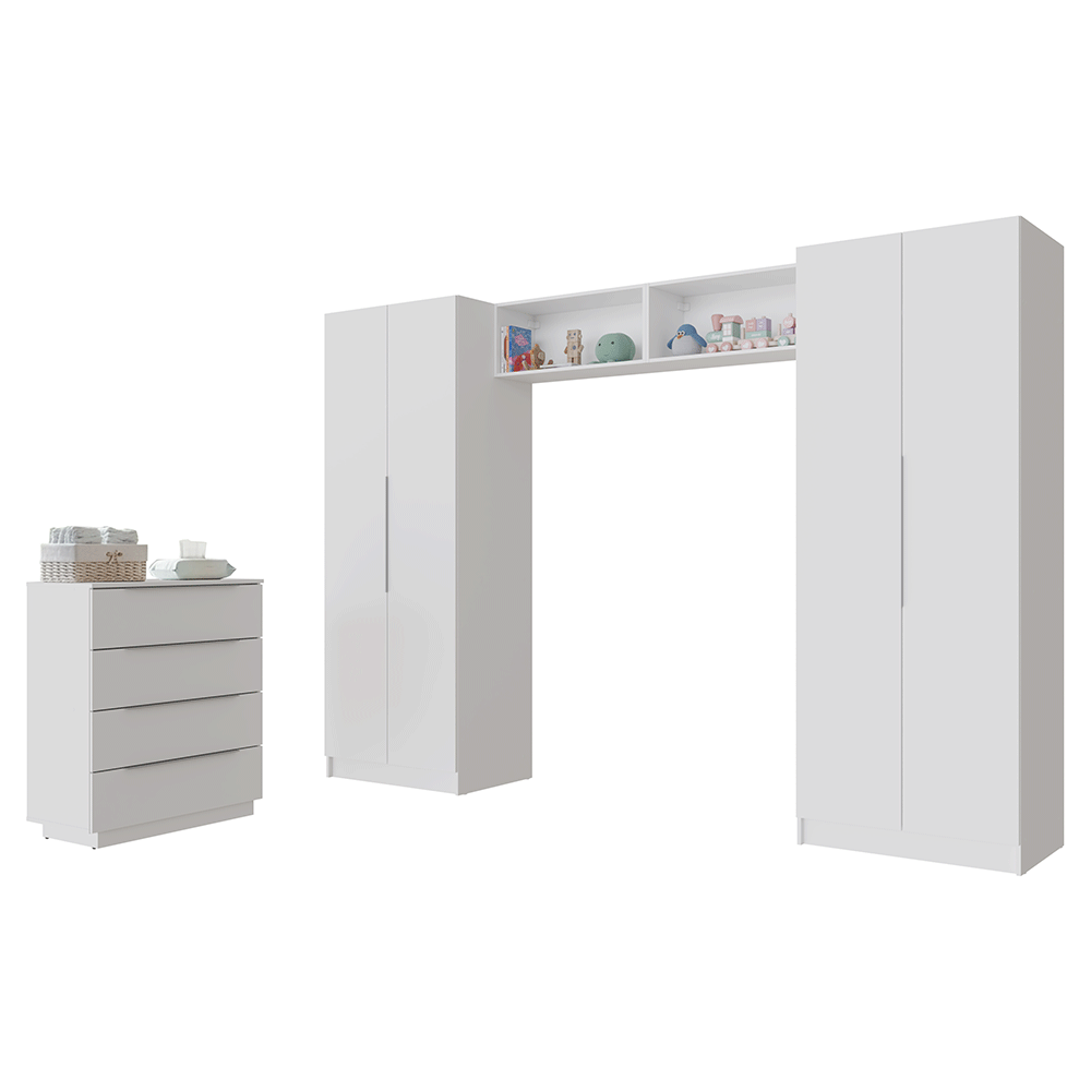 Dormitorio Infantil con 2 Placards Neo 2 Alacenas 1 Cómoda Blanco Madesa 03
