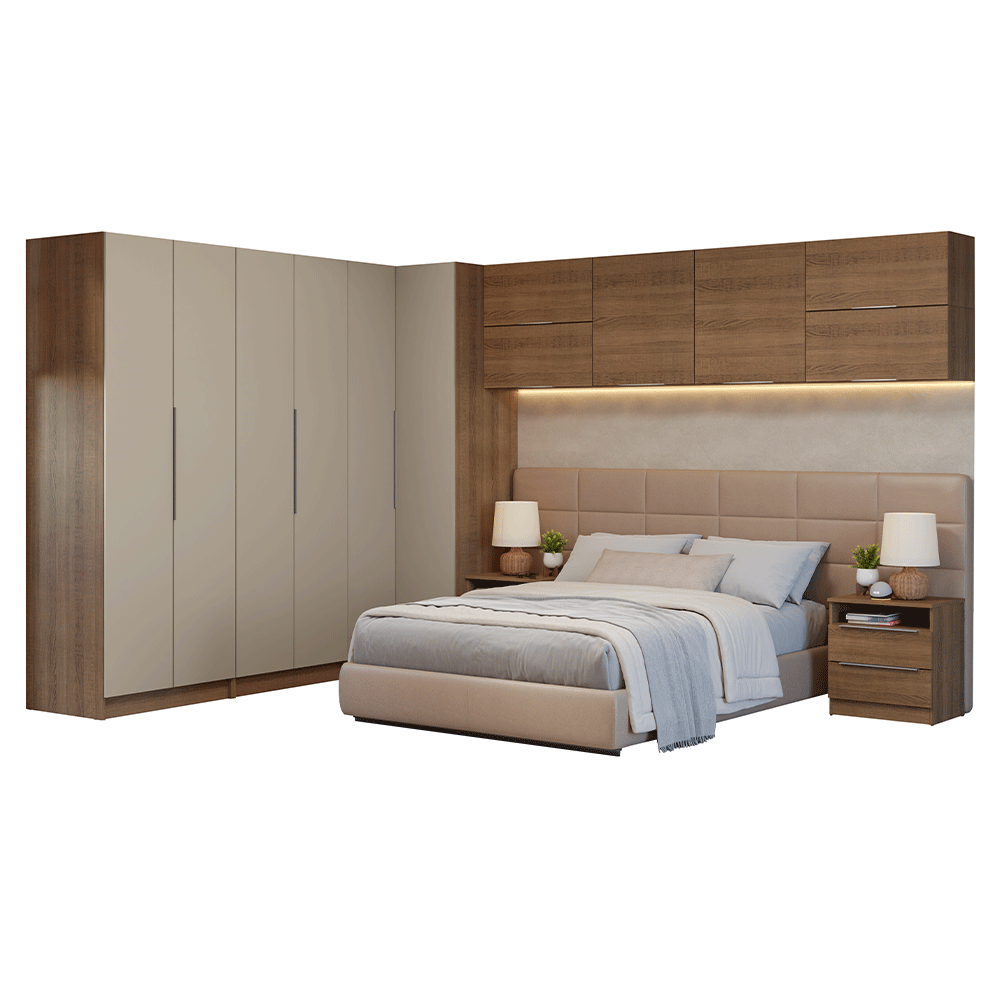 Dormitorio Completo Matrimonial Esquinero 610 cm con Respaldo de Cama Marrón/Crema Neo Madesa