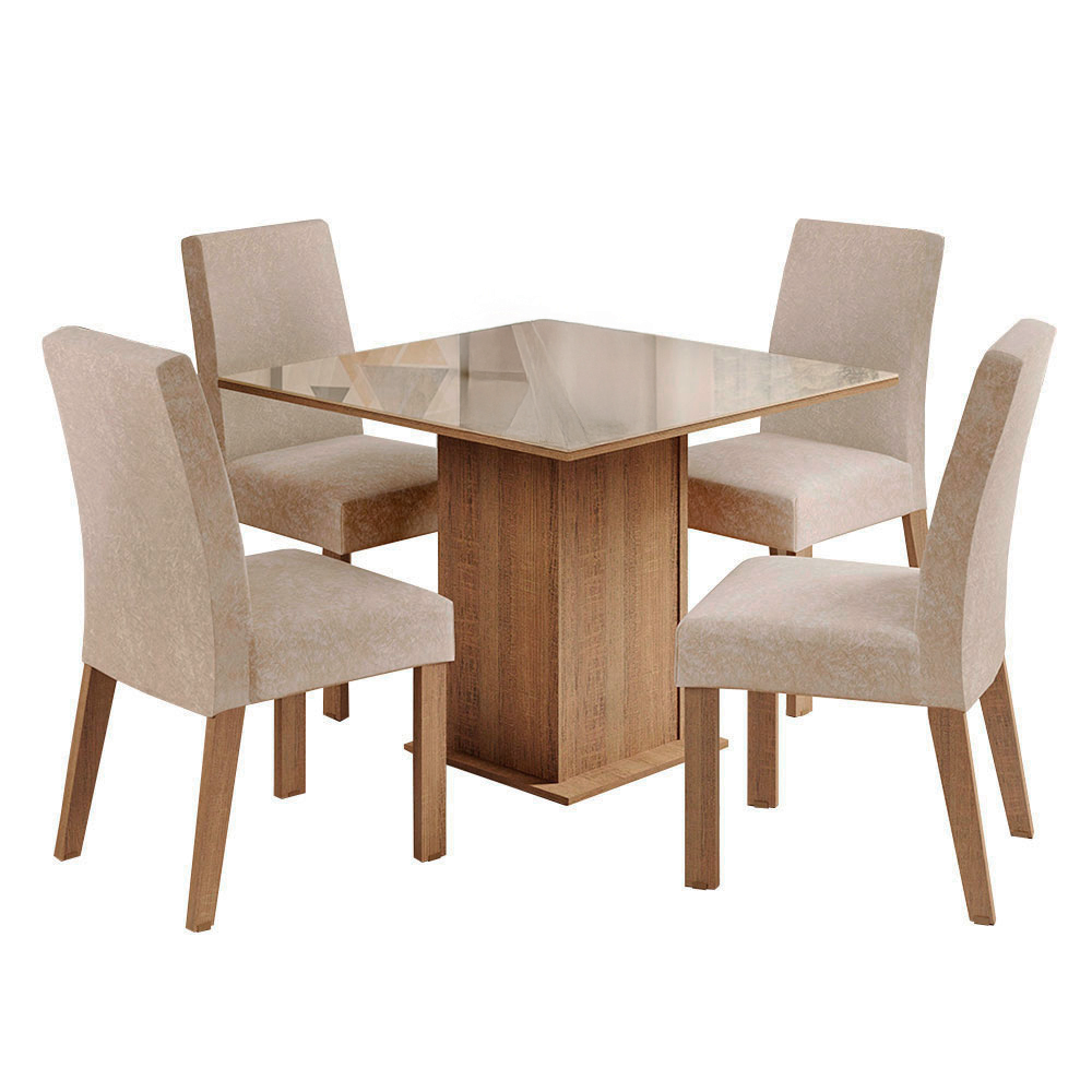 Juego de Comedor con Tapa de Madera y Vidrio 4 Sillas Marrón/Crema/Imperial Nevada