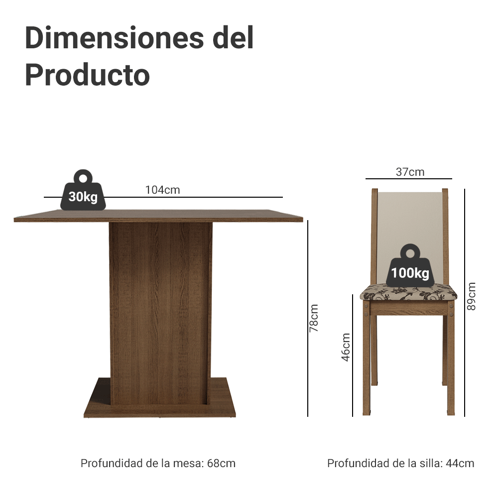 Juego de Comedor Madesa Talita Mesa Tapa de Madera con 4 Sillas Marrón/Crema/Beige Marrón