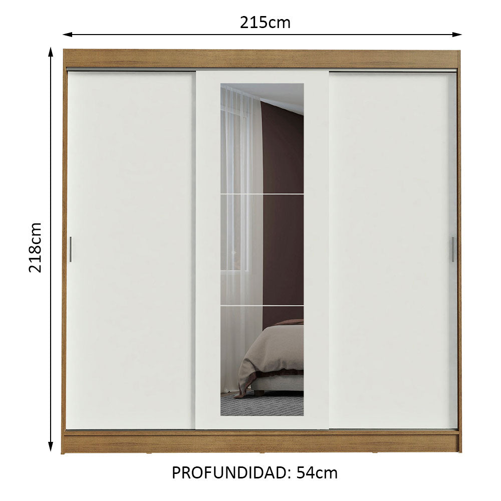 Placard Ropero Matrimonial Madesa Kansas 3 Puertas Corredizas con Espejo 3 Cajones Marrón/Blanco