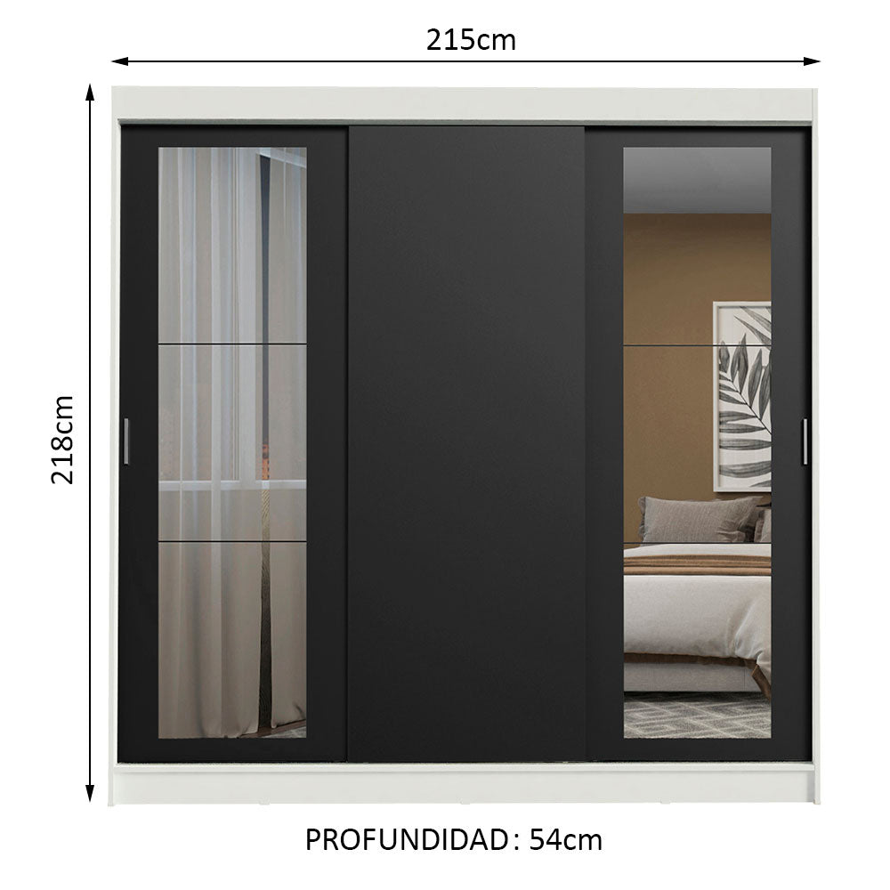 Placard Ropero Matrimonial Madesa Kansas 3 Puertas Corredizas con Espejos 3 Cajones Blanco/Negro