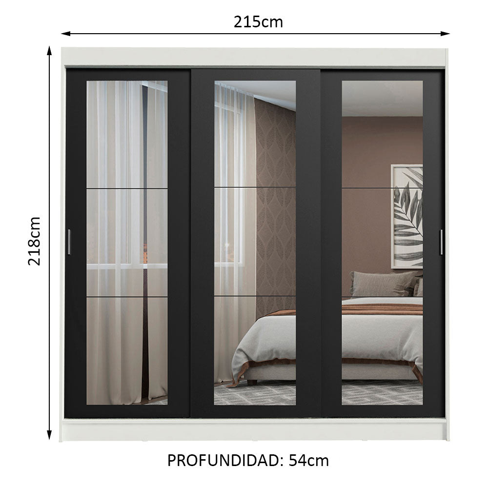 Placard Ropero Matrimonial Madesa Kansas 3 Puertas Corredizas de Espejo 3 Cajones Blanco/Negro