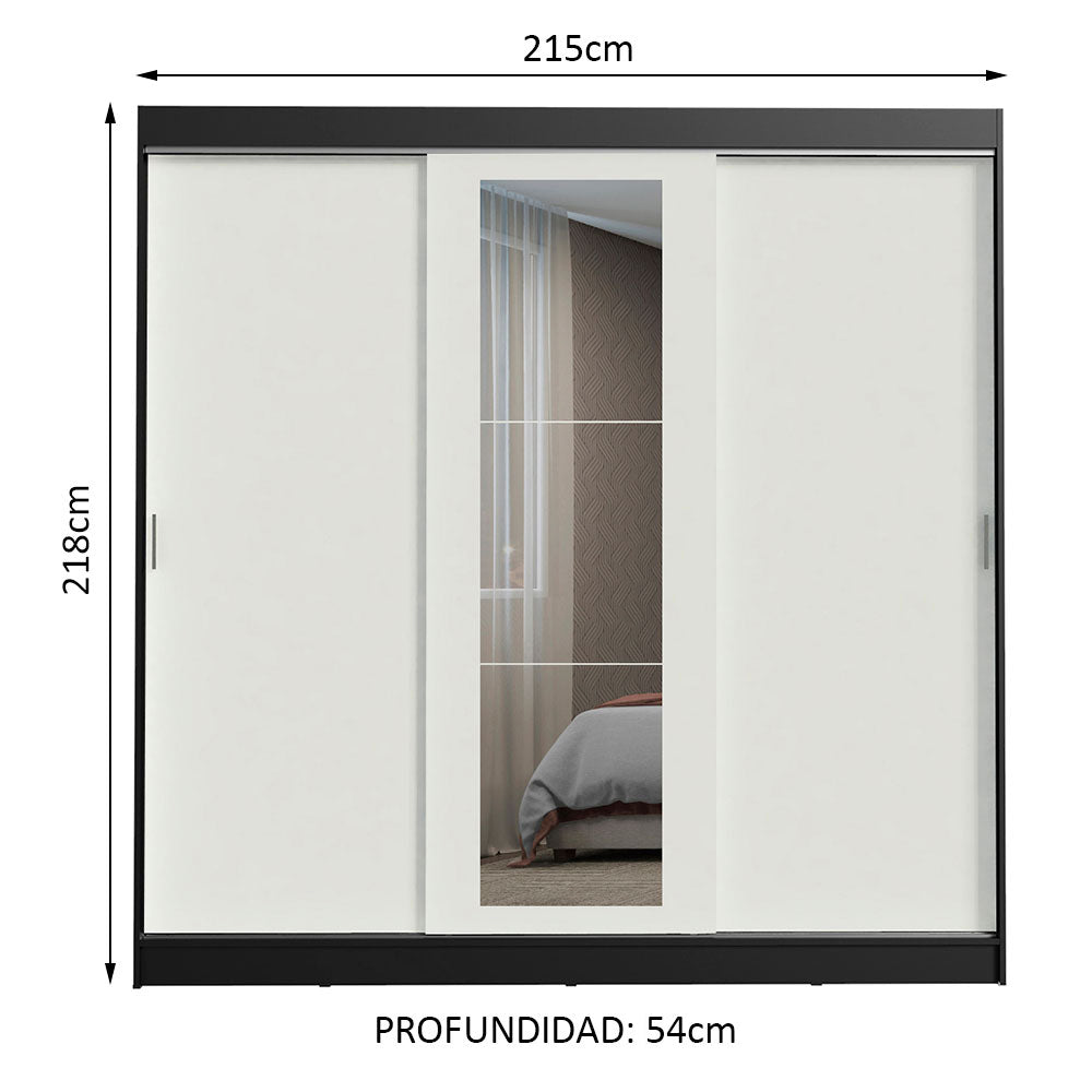Placard Ropero Matrimonial Madesa Kansas 3 Puertas Corredizas con Espejo 3 Cajones Negro/Blanco