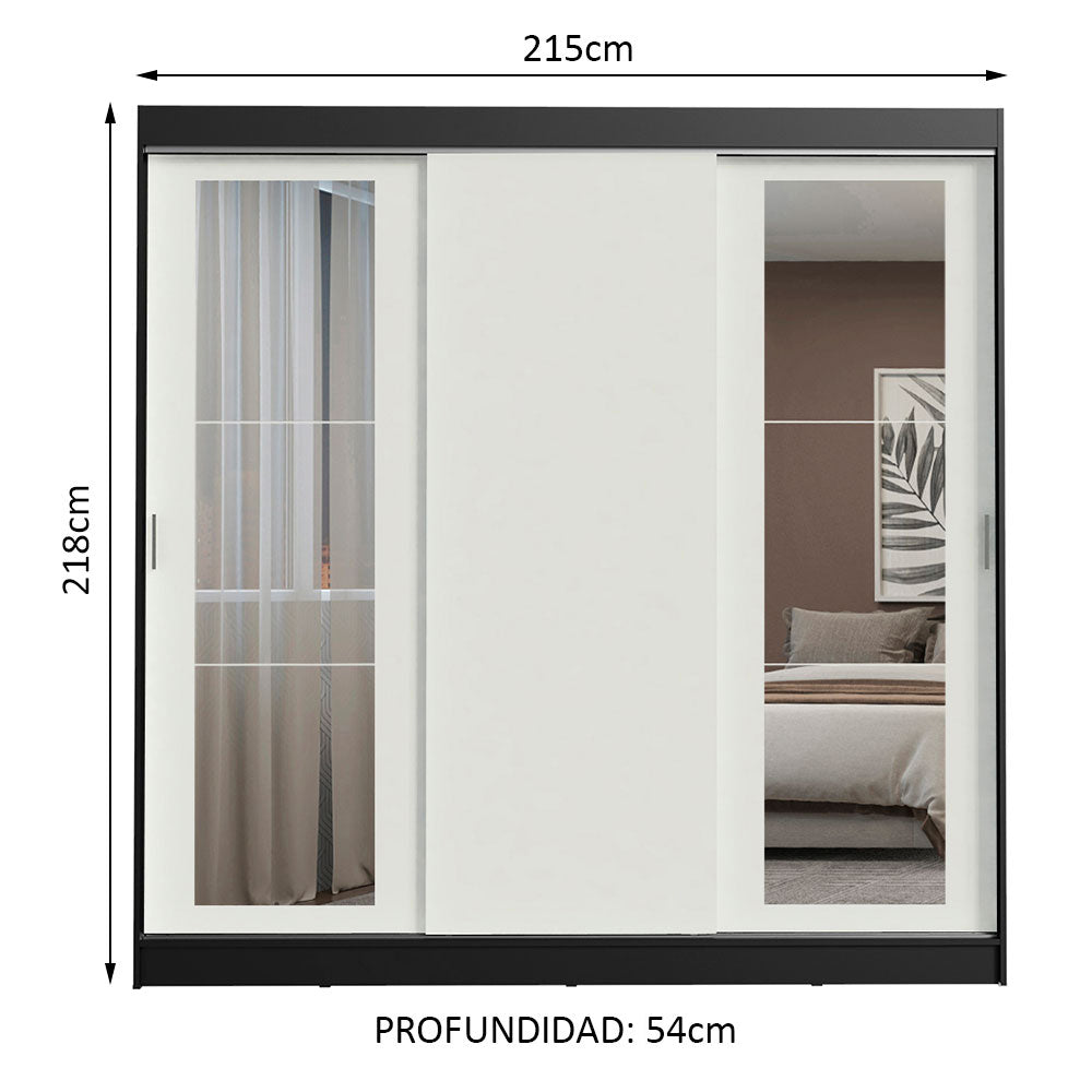 Placard Ropero Matrimonial Madesa Kansas 3 Puertas Corredizas con Espejos 3 Cajones Negro/Blanco