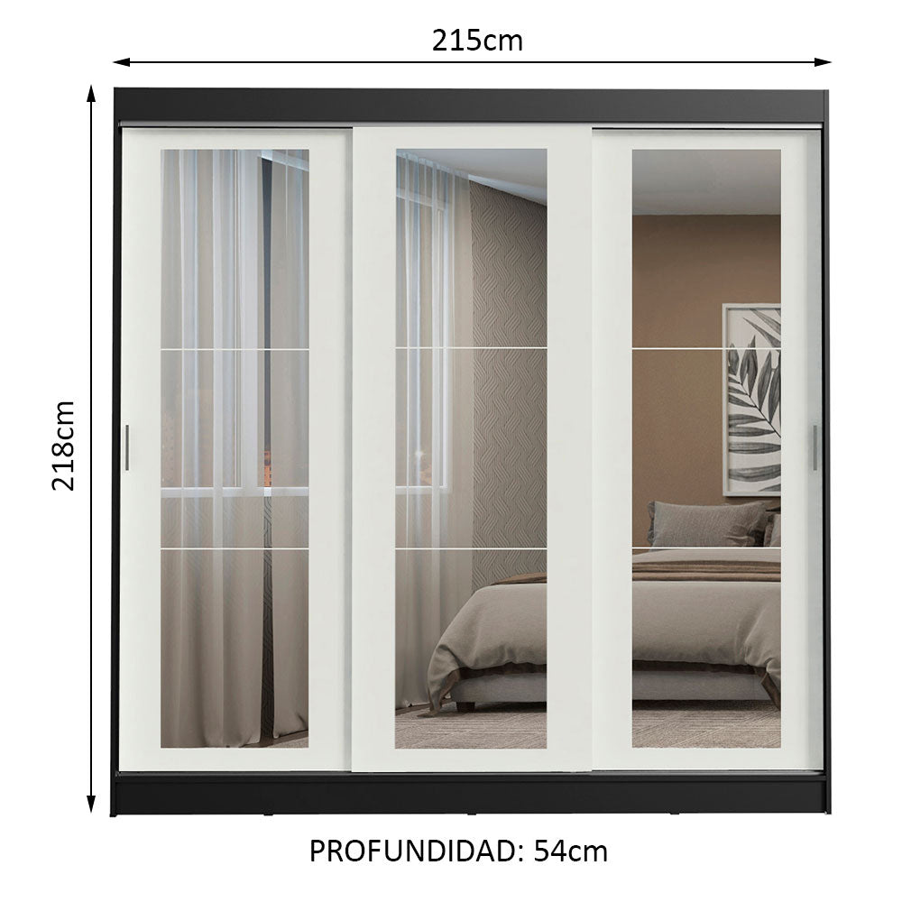 Placard Ropero Matrimonial Madesa Kansas 3 Puertas Corredizas de Espejo 3 Cajones Negro/Blanco