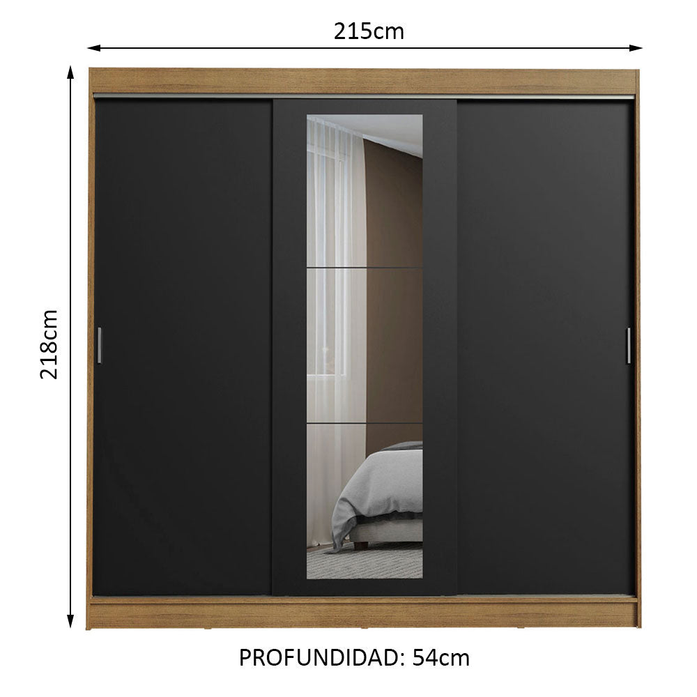 Placard Ropero Matrimonial Madesa Kansas 3 Puertas Corredizas con Espejo 3 Cajones Marrón/Negro