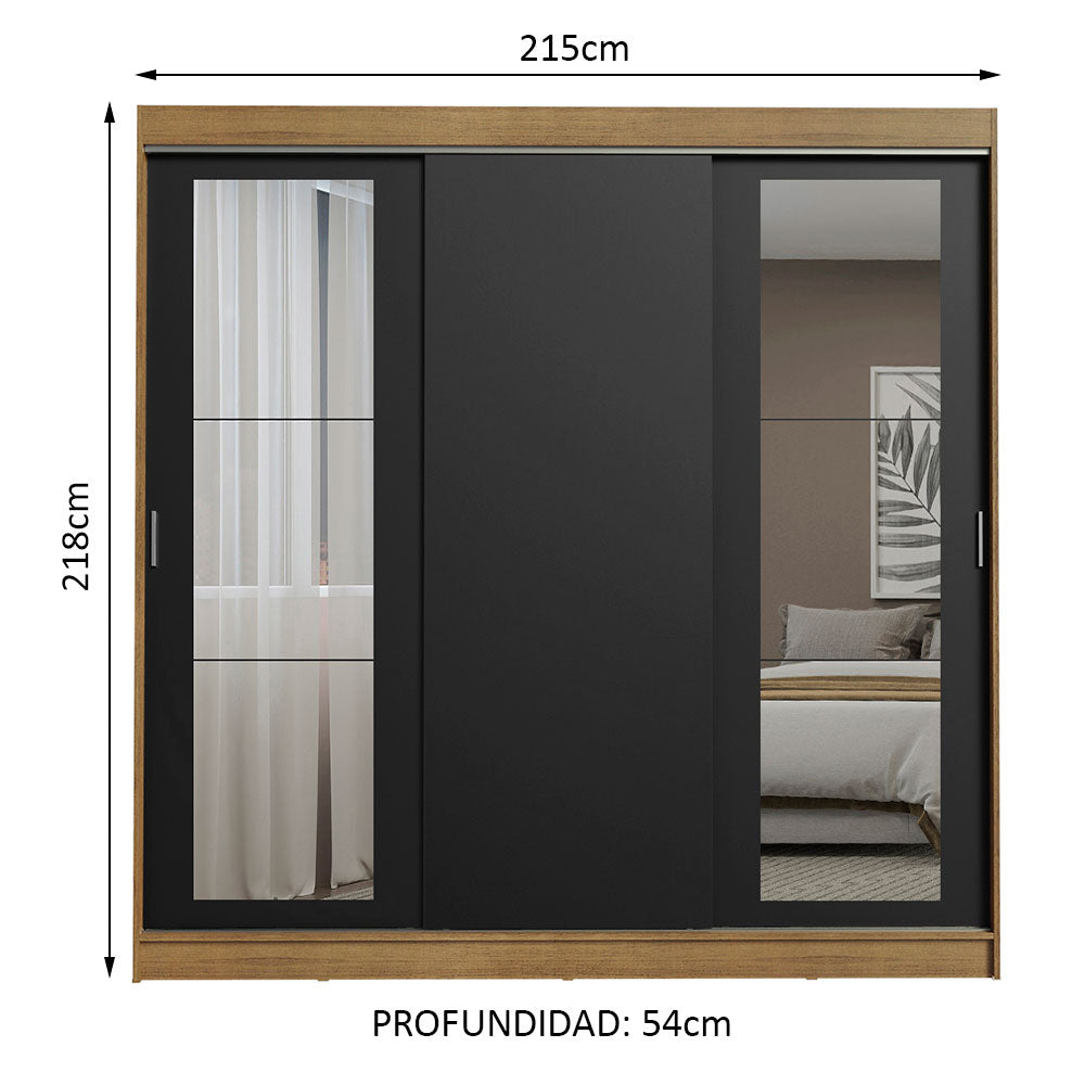 Placard Ropero Matrimonial Madesa Kansas 3 Puertas Corredizas con Espejos 3 Cajones Marrón/Negro