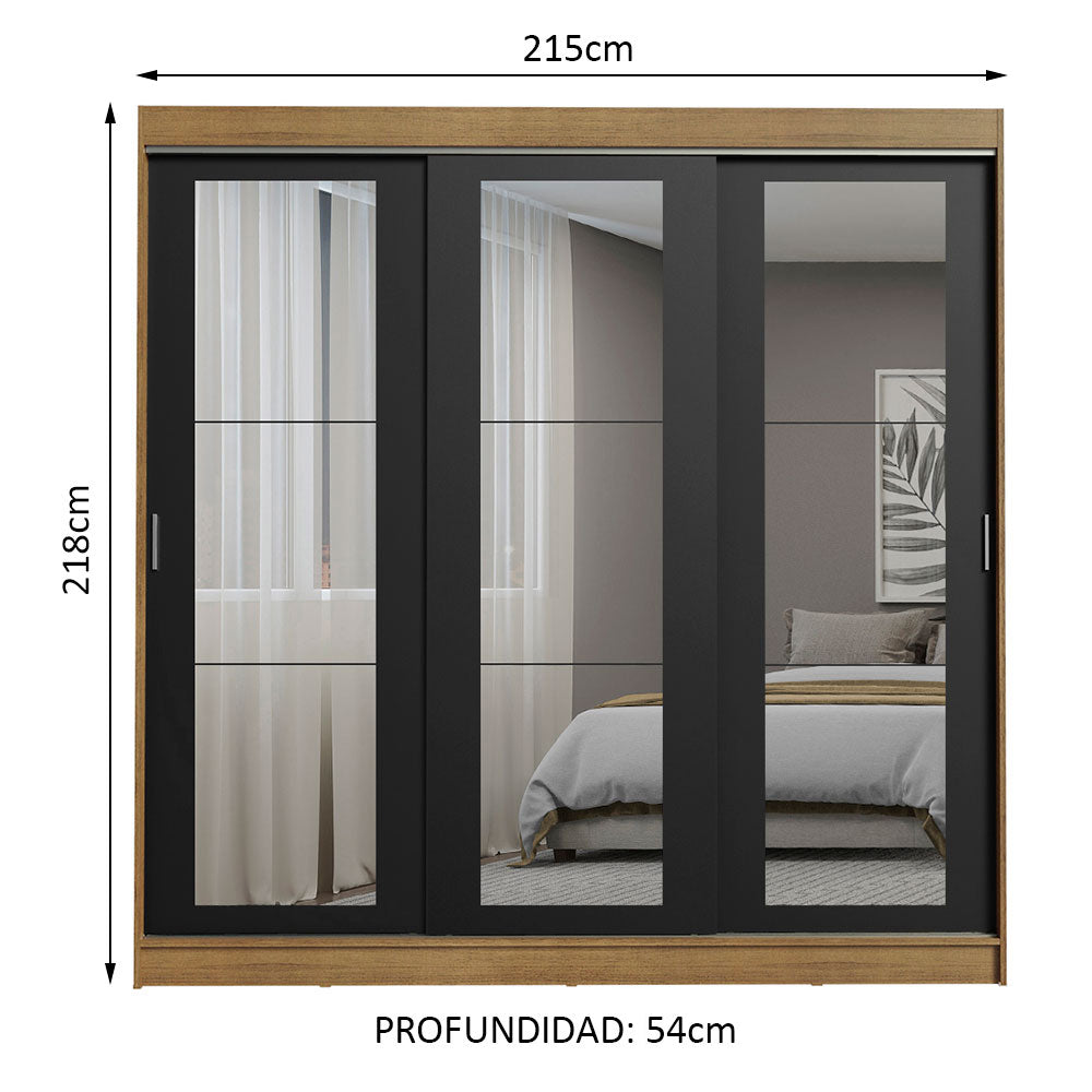 Placard Ropero Matrimonial Madesa Kansas 3 Puertas Corredizas de Espejo 3 Cajones Marrón/Negro