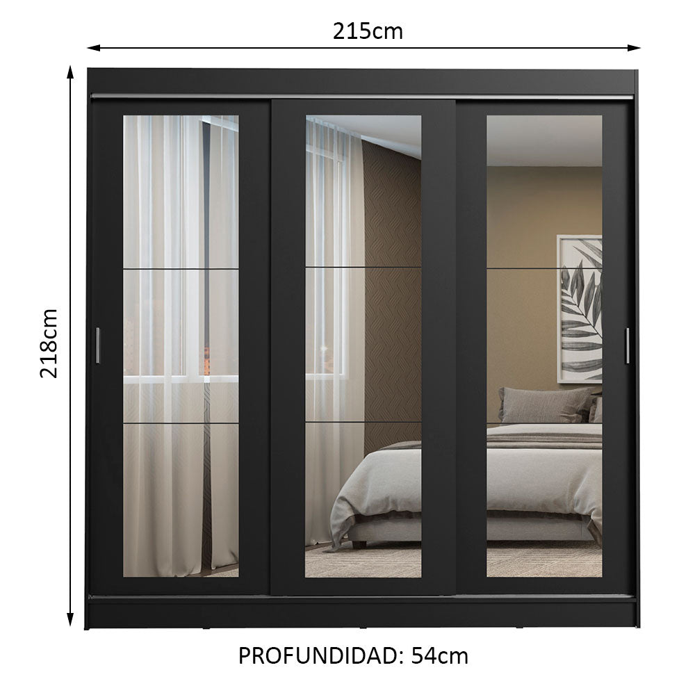 Placard Ropero Matrimonial Madesa Kansas 3 Puertas Corredizas de Espejo 3 Cajones Negro