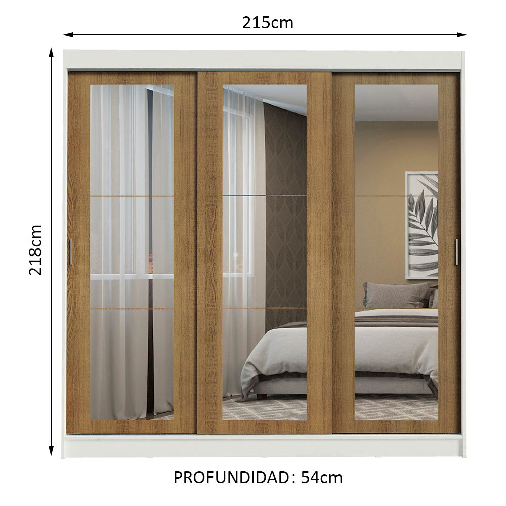 Placard Ropero Matrimonial Madesa Kansas 3 Puertas Corredizas de Espejo 3 Cajones Blanco/Marrón
