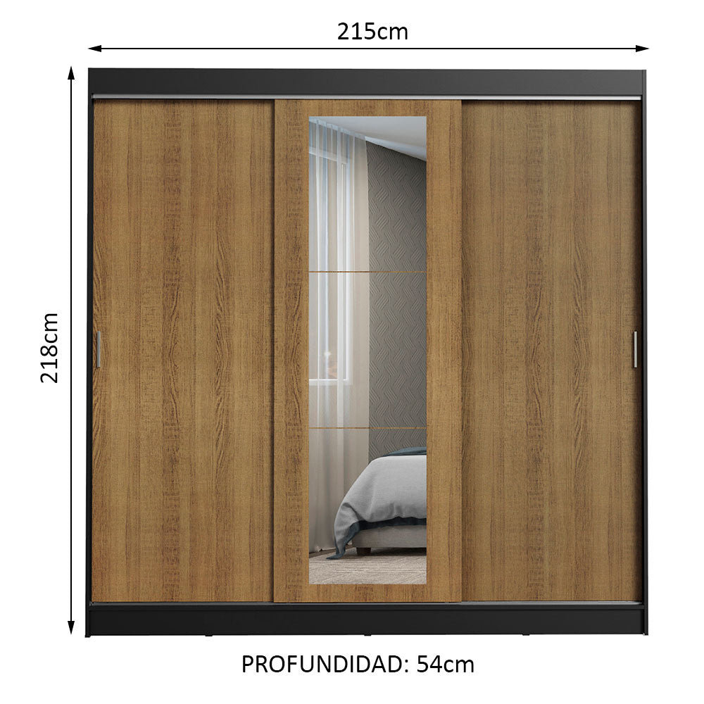 Placard Ropero Matrimonial Madesa Kansas 3 Puertas Corredizas con Espejo 3 Cajones Negro/Marrón
