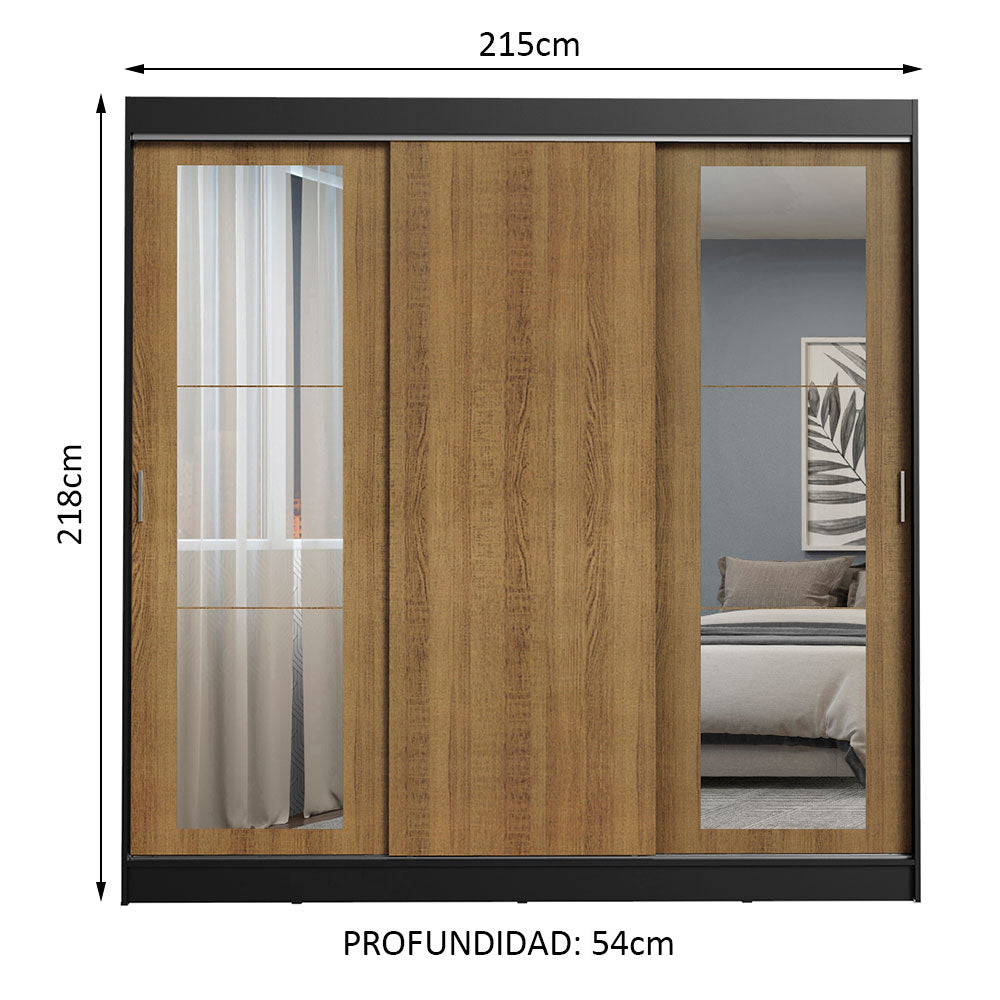 Placard Ropero Matrimonial Madesa Kansas 3 Puertas Corredizas con Espejos 3 Cajones Negro/Marrón