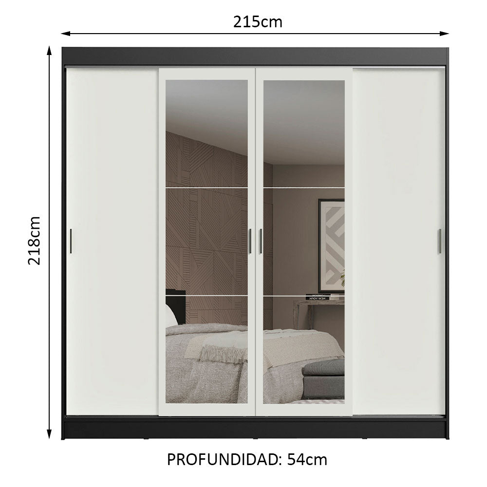 Placard Ropero Matrimonial Madesa Austin 4 Puertas Corredizas con Espejos 3 Cajones Negro/Blanco