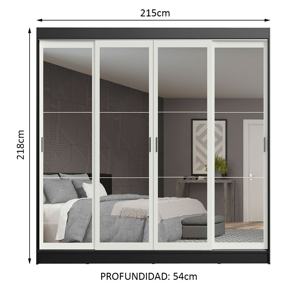 Placard Ropero Matrimonial Madesa Austin 4 Puertas Corredizas de Espejo 3 Cajones Negro/Blanco