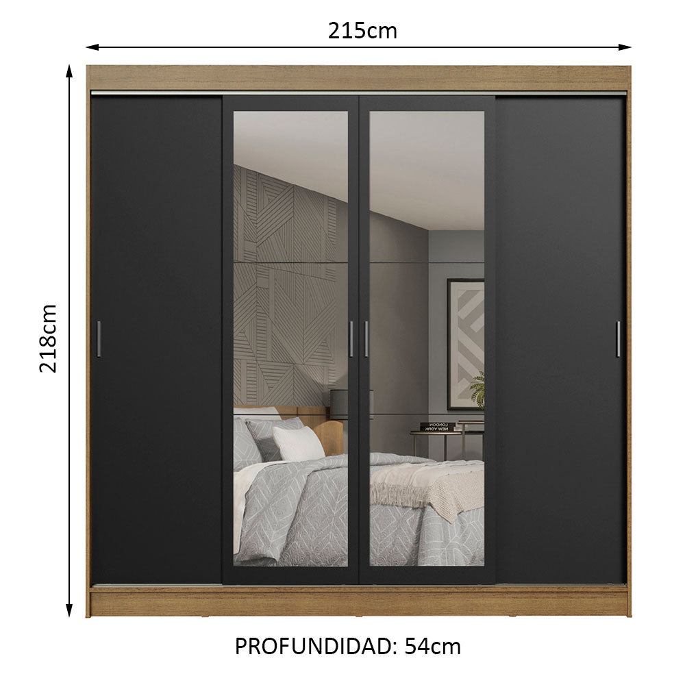 Placard Ropero Matrimonial Madesa Austin 4 Puertas Corredizas con Espejos 3 Cajones Marrón/Negro