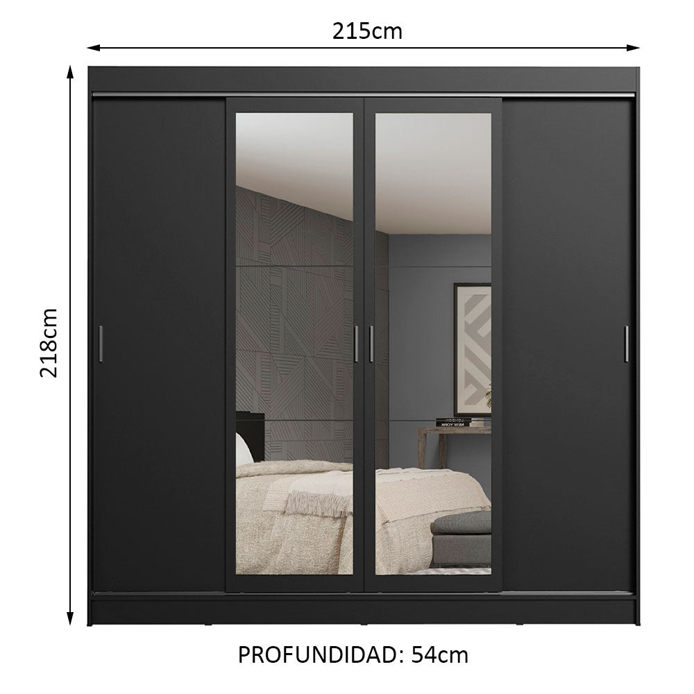 Placard Ropero Matrimonial Madesa Austin 4 Puertas Corredizas con Espejos 3 Cajones Negro