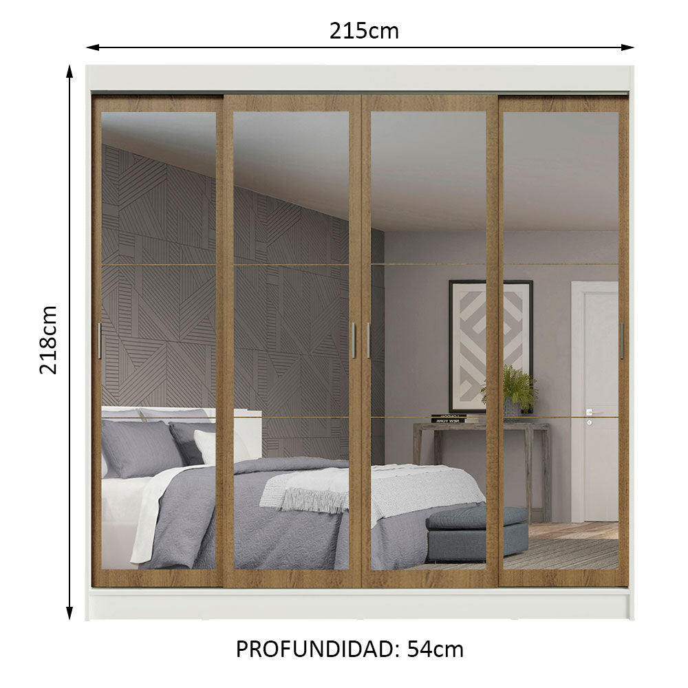Placard Ropero Matrimonial Madesa Austin 4 Puertas Corredizas de Espejo 3 Cajones Blanco/Marrón