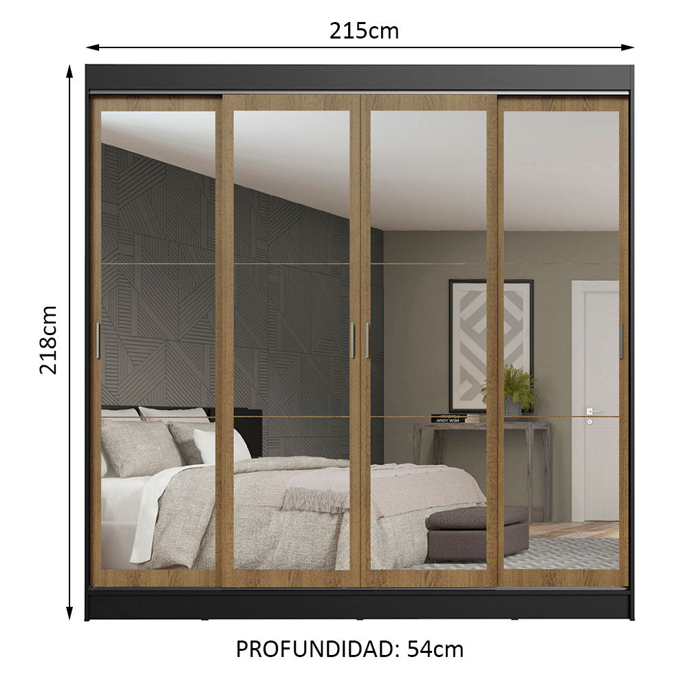 Placard Ropero Matrimonial Madesa Austin 4 Puertas Corredizas de Espejo 3 Cajones Negro/Marrón