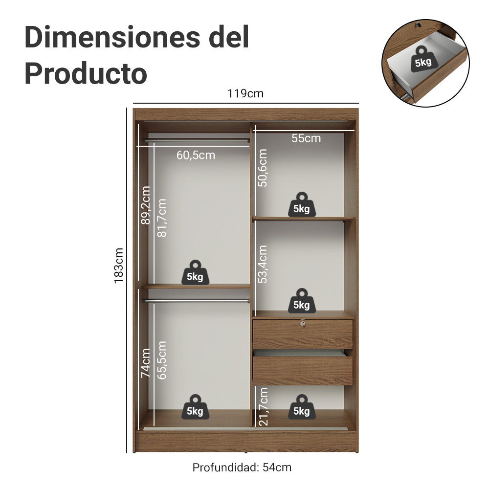 Placard Luke 119 cm 2 Puertas Corredizas con 1 Espejo 2 Cajones un Marrón Madesa