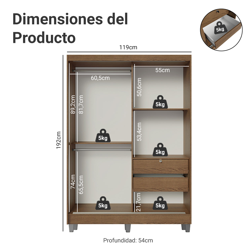 Placard Soltero Luke 120 cm 2 Puertas Corredizas 2 Cajones con Patas Madera Marrón Madesa