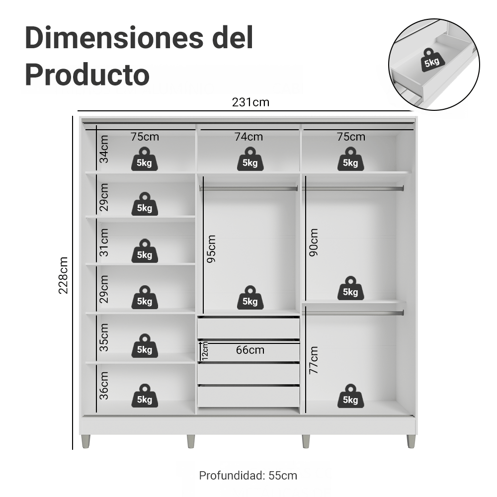 Placard Matrimonial Malta 231 cm 3 Puertas Corredizas 4 Cajones con Patas 100% MDF Blanco/Marrón Madesa