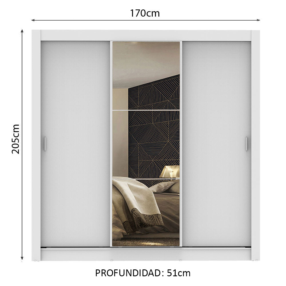 Placard Matrimonial Monaco 3 Puertas Corredizas 1 con Espejo - Blanco