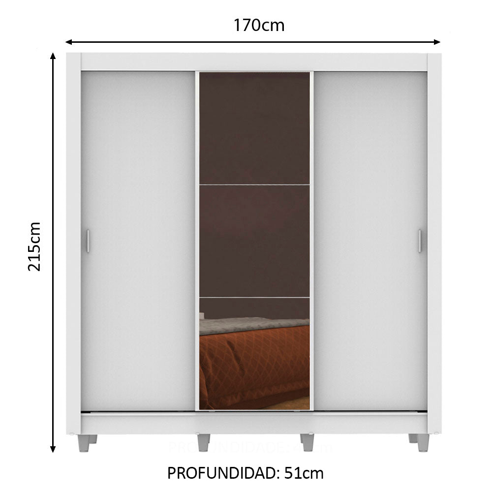 Placard Matrimonial Lyon Plus 3 Puertas Corredizas con Espejo 4 Cajones con Patas Blanco