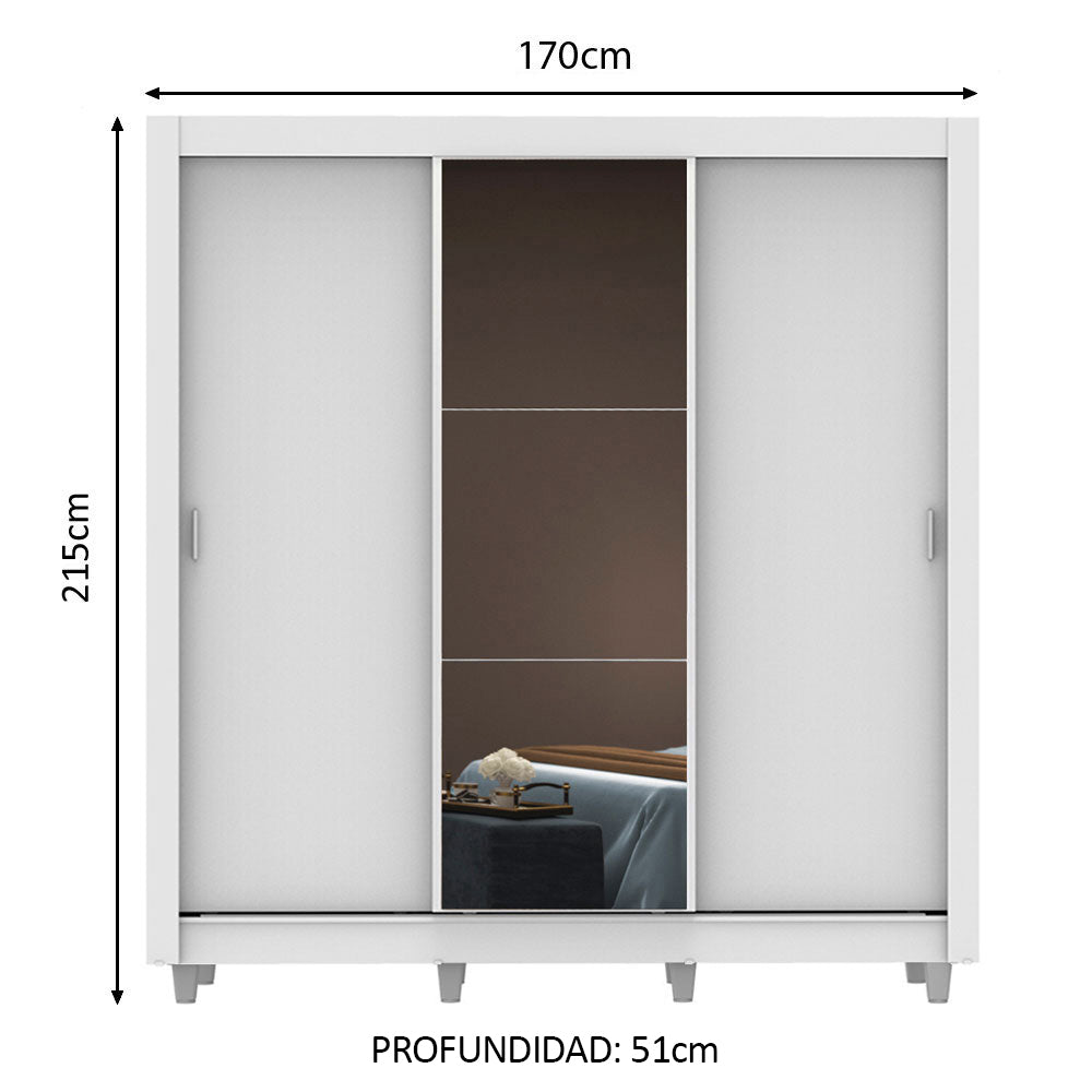 Placard Matrimonial Mónaco 3 Puertas Corredizas con Espejo con Patas Blanco